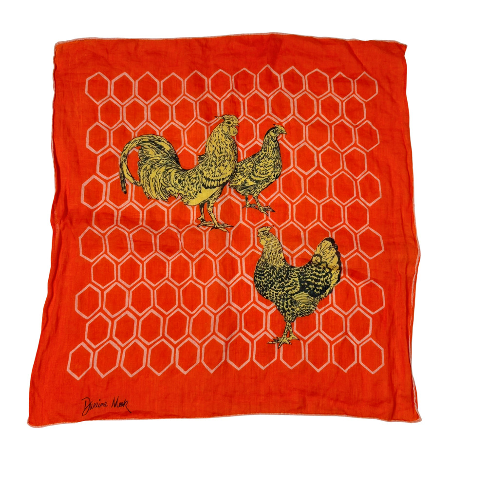 Dwaine Meek Linen Handkerchief Vintage Designer Signed Chickens Orange Yellow